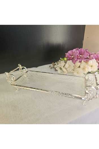 MaviDamla Cast Metal Frame Glass Presentation Plate 37*20 Cm. Silver
