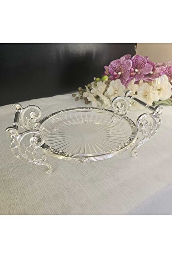 MaviDamla Cast Metal Frame Glass Presentation Plate Round 21.cm Silver