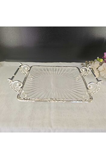 MaviDamla Cast Metal Cast Frame Glass Presentation Plate 25*25 Square Silver