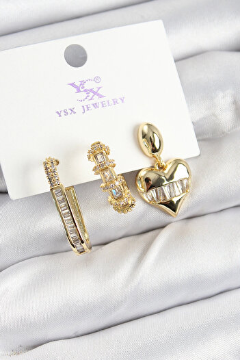 Bernami Special Brass Zircon Stone Heart Model Gold Color 3-Piece Women's Earrings Deal!! !