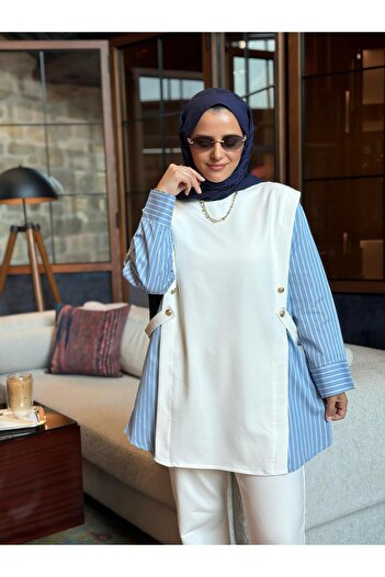 Aselim Hijap Moda Liora Women's Hijab Two-Piece Set – Cotton Two-Thread Shirt Detailed-Ecru