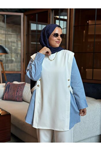 Aselim Hijap Moda Liora Women's Hijab Two-Piece Set – Cotton Two-Thread Shirt Detailed-Ecru