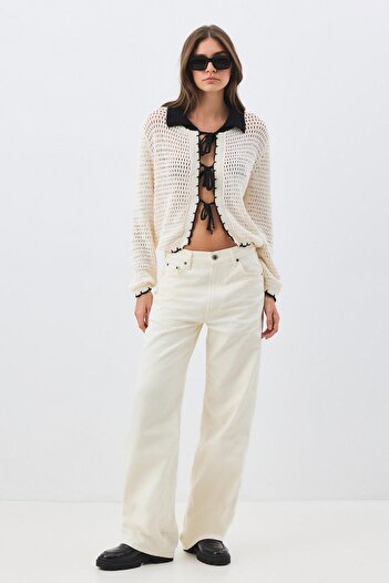 Trendiz Women's openwork knit cardigan with tie closure - ecru 6945