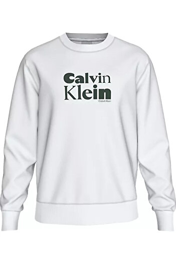 Calvin Klein Men's Comfortable Fit Round Neck Ck Logo Pattern Cotton Long Sleeve White Sweatshirt Lv04Ld242G-Yaf