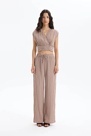 Quzu Wrinkled Look Elastic Waist Light Brown Women's Trousers Pnt00196