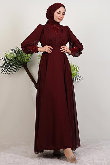 GİYZAMİLA Roza Detail Chiffon Dress Burgundy