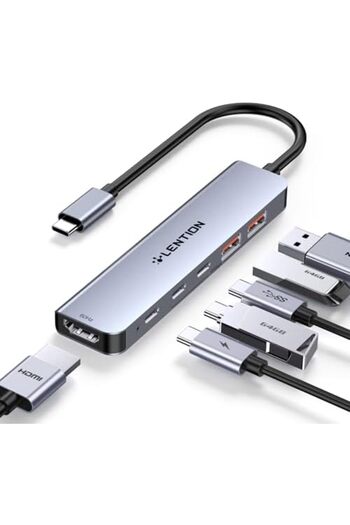 LENTION موزع USB C مع منفذ HDMI بدقة 4K@60Hz، ونقل بيانات بسرعة 10 جيجابت في الثانية مع منفذي USB C ومنفذي USB 3.2 Gen2، وPD 100 وات،