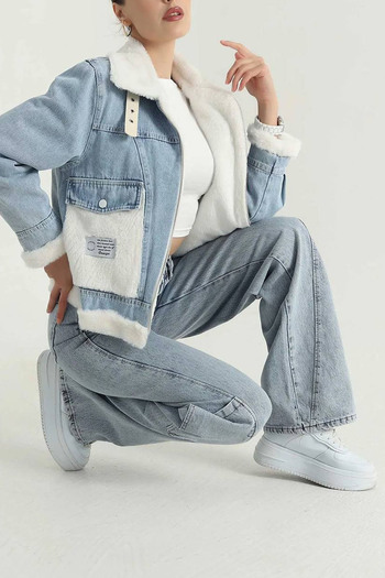 CİDDE Women's Belt Detailed Fur Denim Coat