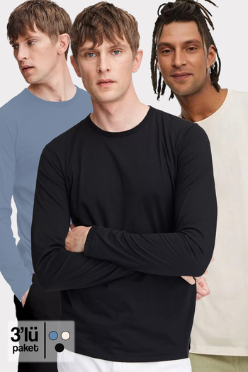 CHEISU Men's 3-Pack Light Indigo Black Ecru Basic Crew Neck Long Sleeve T-Shirt 100% Cotton Sweatshirt