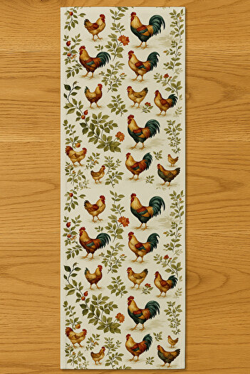 Else Dekor Rooster Chicken Farm Patterned Digital Printing Washable Decorative Runner 40X140Cm