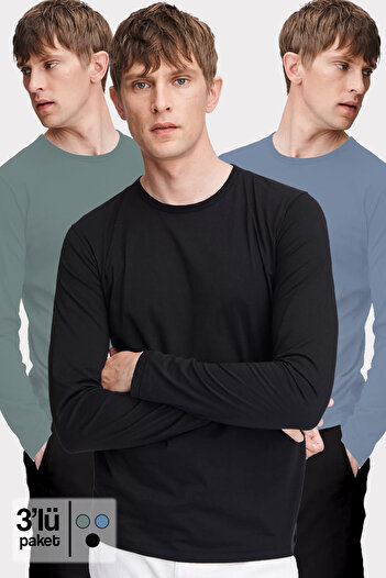 CHEISU Men's 3-Pack Petrol Green Light Indigo Black Basic Crew Neck Long Sleeve T-Shirt 100% Cotton Sweatshirt