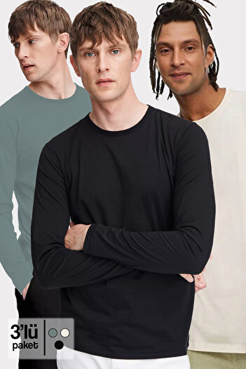 CHEISU Men's 3-Pack Petrol Green Black Ecru Basic Crew Neck Long Sleeve T-Shirt 100% Cotton Sweatshirt