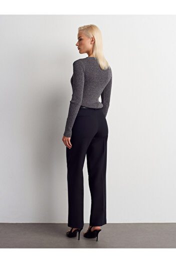 Dilvin 72172 Mid-Waist Fabric Pants-Black