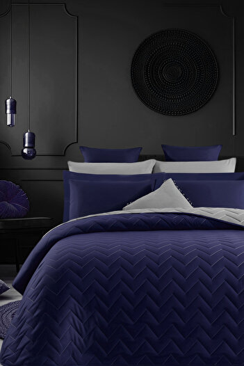 İQON Double-Sided Quilted Double Bedspread Set Navy Blue