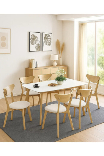 ESMART 7-Piece Dining Set | Solid White Wood Table 140x80x75cm with 6 White Chairs Soft Padded Seats