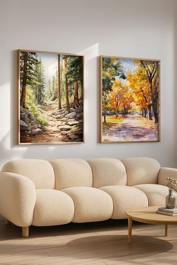 STARYUNA Wooden Framed Forest Autumn Scenery Watercolor Effect Double Painting Set Yuna418