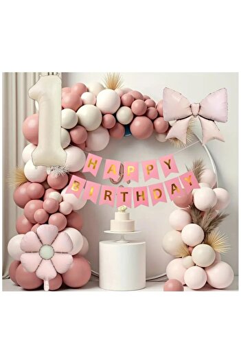 ATAKENT PARTİ Pink Bow Birthday Set Concept with Daisy Foil Balloons Atakent Party Balloon