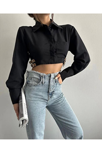Zerenyus Crop Shirt with Side Belt Detail Black