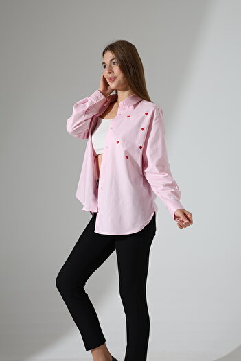 Corradeo Giyim New Season Oversize Striped Poplin Fabric Heart Embroidery Detailed Epaulette Design Shirt