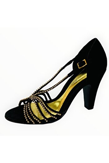 River Island - Women's High-Heel Black Suede Sandals with Cubic Zirconia Crystals Size 37 EU