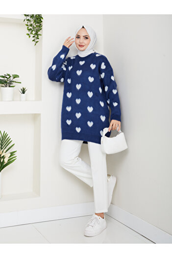 Kirazgym Yumoş Ip Heart Pattern Knitwear Tunic Sweater