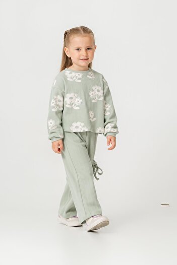Magu Girl's Cotton Green Floral Patterned Suit – Lace-Up Trousers