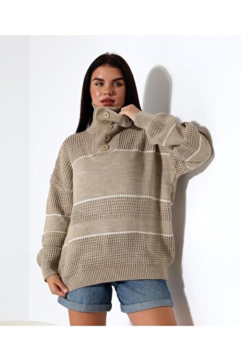 REDMİNA fashion Collared Buttoned Openwork Knitwear Sweater