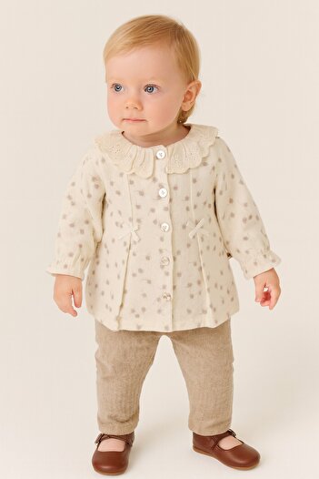 dinamik çocuk Baby Girl Floral Patterned Jacket Collar Lace 2-Piece Top and Bottom Set Long Sleeve Seasonal 3-6-9-12-18-24Months
