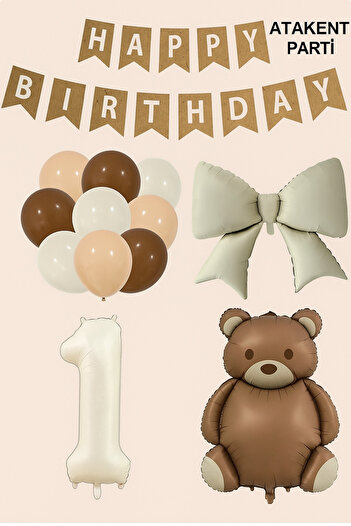 ATAKENT PARTİ Retro Bear Foil Balloon with Bow Caramel Birthday Set Party Celebration Entertainment