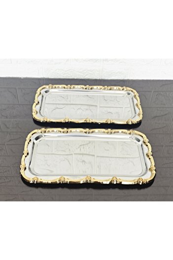 atabey home 2'Lİ SUNUM TEPSİSİ & BATON PASTA SERVİSİ ÇELİK TEPSİ DÖKÜM GOLD ÇERÇEVE 32 CM