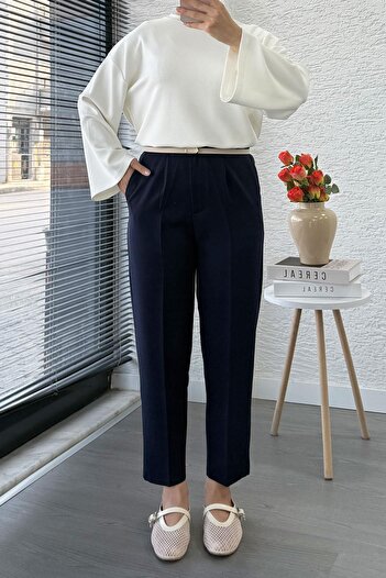 MELEK ARAZ Carrot Cut High Waist Casual Pants - Navy Blue
