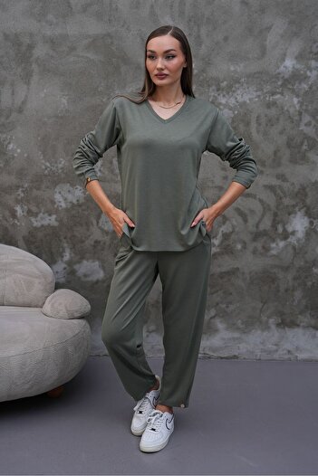 AGORATEKSTİL Women's Crystal Fabric V-Neck Bottom Top Set Blouse-Pants