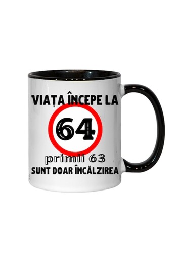 T&M Personalizare Cană personalizată - Viața începe la 64 de ani, interior negru, 330 ml