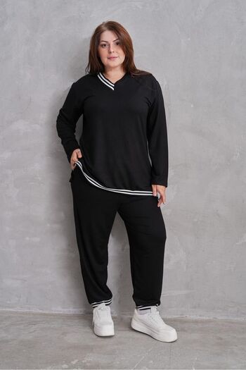 AGORATEKSTİL Women's Crystal Fabric Plus Size Striped Bottom Top Set Sweatshirt-Pants