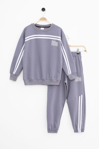 Cansın Mini Smoked Stripe Detailed Crew Neck Boys Basic Tracksuit Set 21264