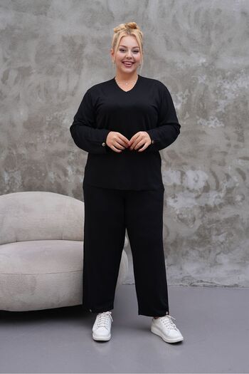 AGORATEKSTİL Women's Crystal Fabric V-Neck Plus Size Bottom Top Set Blouse-Pants