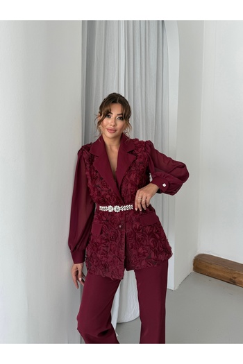 1Moda1Tarz Women's Imported Fabric Top with Rose Pattern Sleeves, Chiffon, Stone Belt Detail, Lined, Special Design Suit
