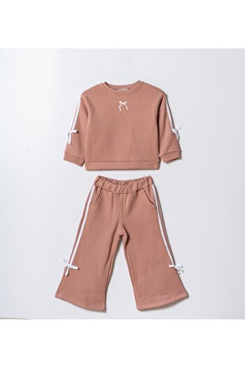 Magu Girl's Cotton Tile Bow Embroidered Sweatshirt and Striped Sweatpants Set
