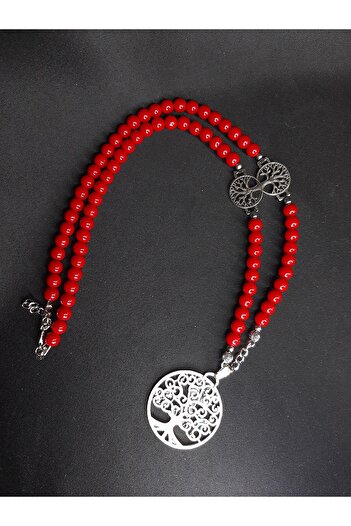 MRYart Red Glass Bead Necklace with Tree of Life Detail