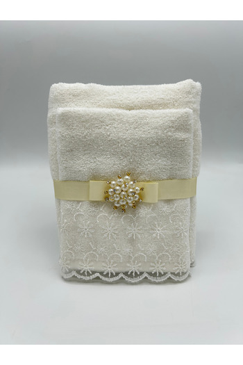 LenaToptan Cream 2-Piece Guipure Lace Towel Set 30X50 and 50X90 cm (Gift Set - Dowry Set - Present)