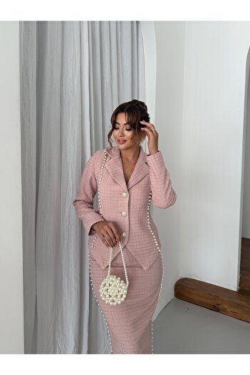 1Moda1Tarz Women's Imported Tweed Fabric Pearl Embroidered Lined Jacket Skirt Bottom-Top Set