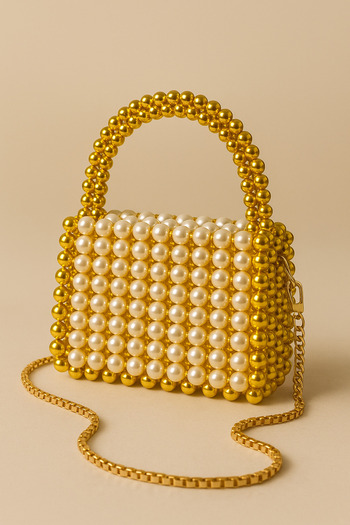 makeops Women Evening Dress Bag Pearl Stone Handcrafted Bag Crystal White Beaded Bag, White Pearl Beaded