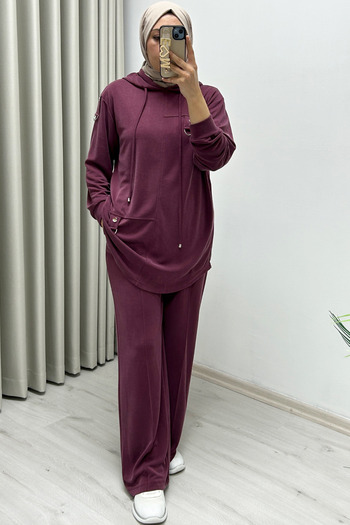 Puane New Season Modal Honeycomb Fabric Hooded Accessory Detailed Hijab Women's Two-Piece Set