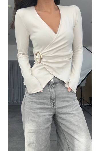 ibeeka Women's Long Sleeve Buckle Detailed V-Neck Double Breasted Design Blouse Gold Detail