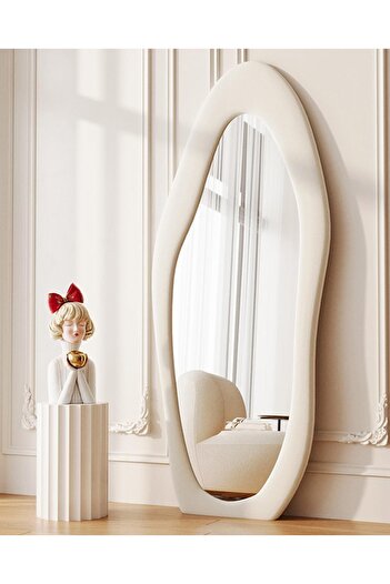 Crestj Full Length Floor Mirror, Wall Mirror with Stand and Soft Velvet Frame, Beige 160x60cm