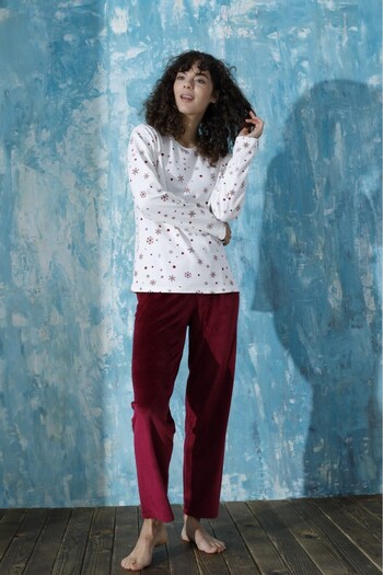 Mihra Women's Crew Neck Drop Shoulder Interlock Cotton Top Velvet Bottom Winter Pajamas Tracksuit Set