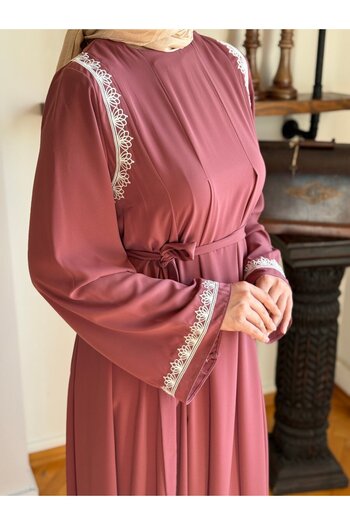 Navra Abaya Kol Nakışlı Medine İpeği Elbise Nsr5060 koyu gül kurusu