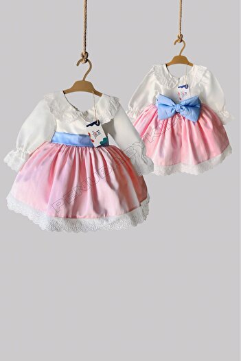 penu baby kids Pembe Etek Mavi Kemerli Pamuk Saten Uzun Kollu Dantelli Kız Çocuk Kız Bebek Elbise