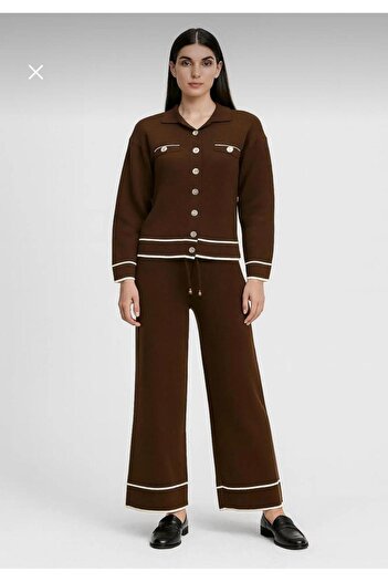 XORVİO Women's Brown Button and Stripe Detail Polo Neck Slim Cardigan Pants Waist-Tied 2-Piece Knitwear Set