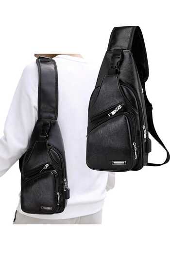 Fstyle Men's Hanging Bag, Leather Hanging Bag with USB Charging Port, Waterproof, Multi-Pocket